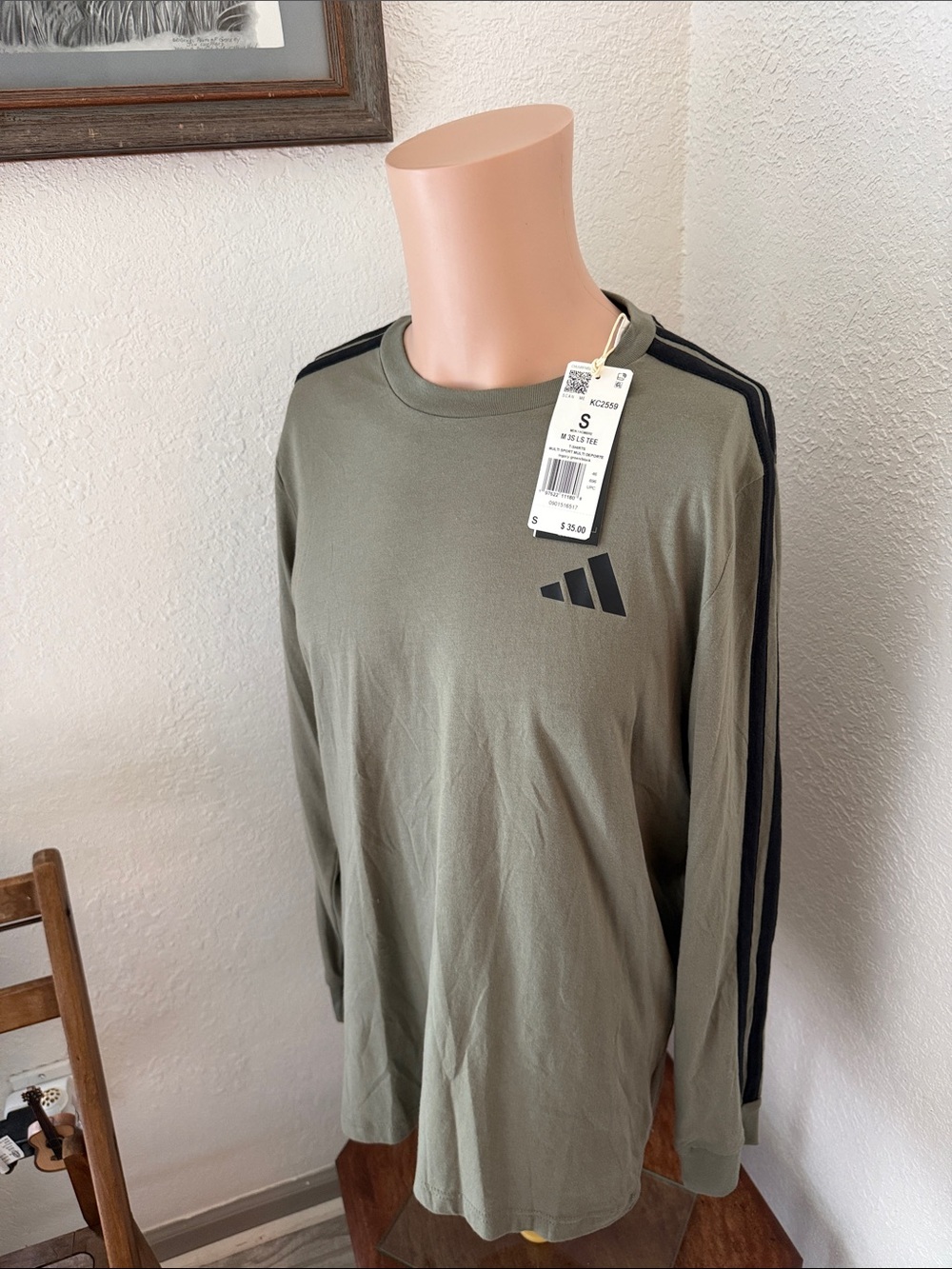 adidas Olive Green Long Sleeve Crew with Black Shoulder Stripes